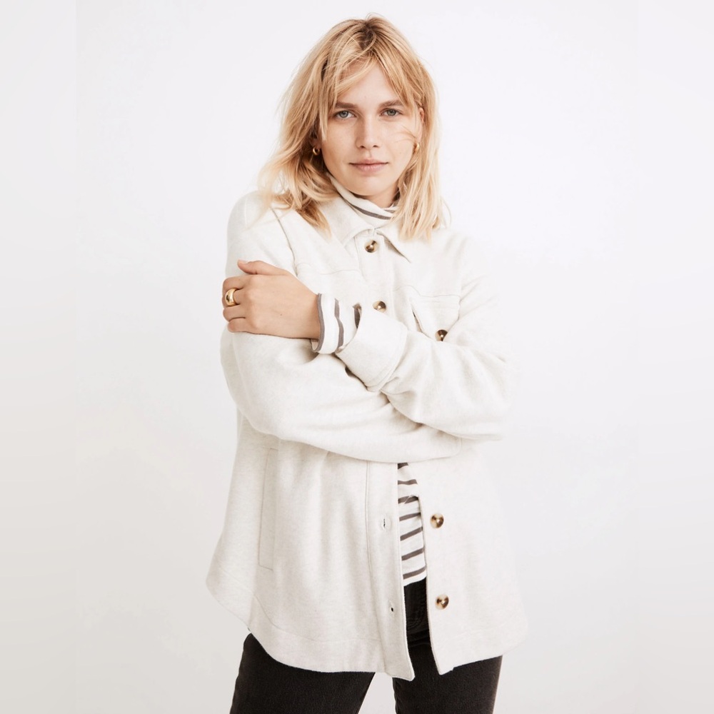 Madewell Brushed Knit Shirt-Jacket in Heather Oatmeal, Medium